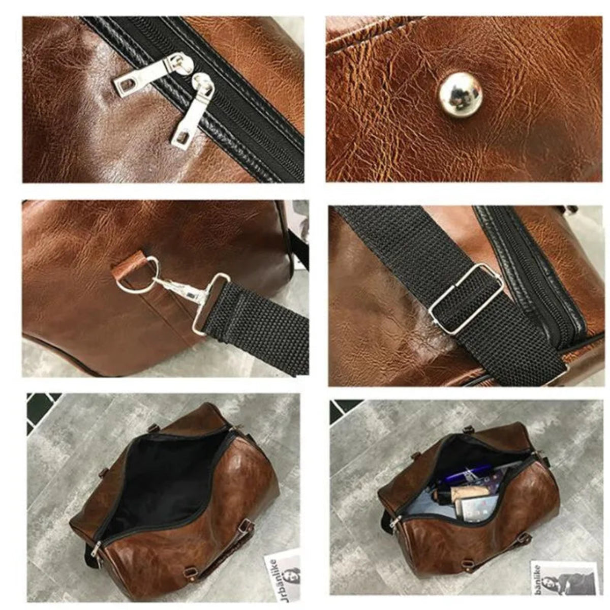 un gros plan de le grand sac en cuir Wanderer qui montre intérieur du sac et le fermeture d'éclair