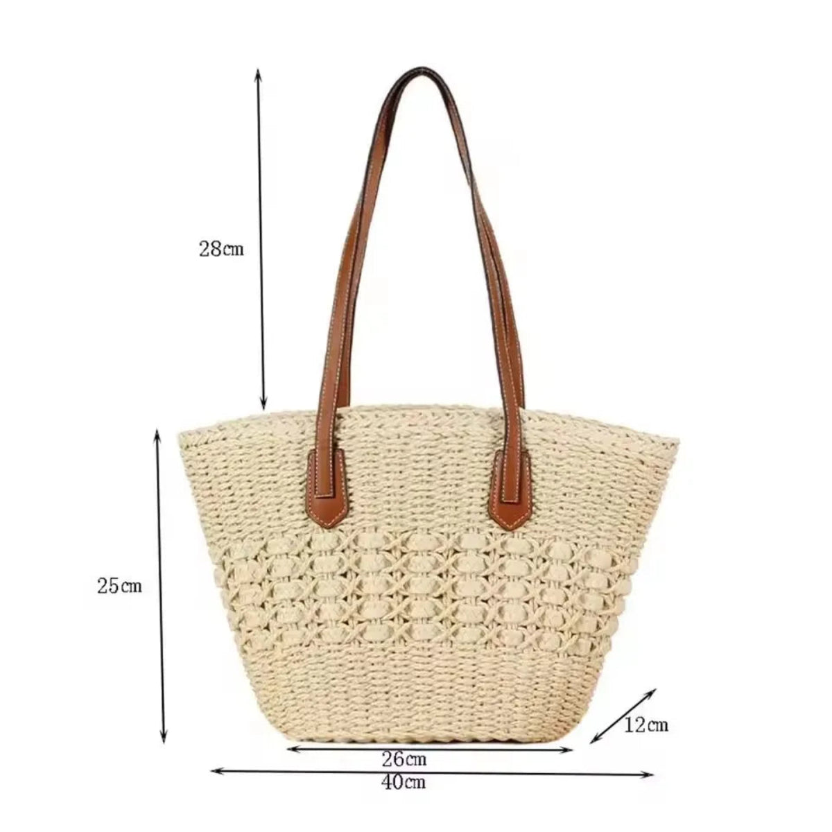 Les dimensions du sac à main en osier tressé Wanderer: 40 cm de longueur, 12 cm de largeur, 25 cm de hauteur