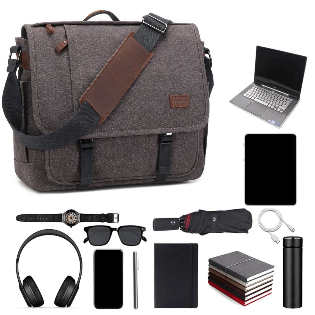 sac messenger de Wanderer avec des articles divers, y compris un ordinateur, une tablette, une montre, un parapluie, un câble de charge, un téléphone portable, une bouteille d'eau, un cahier, des écouteurs, et des livres.