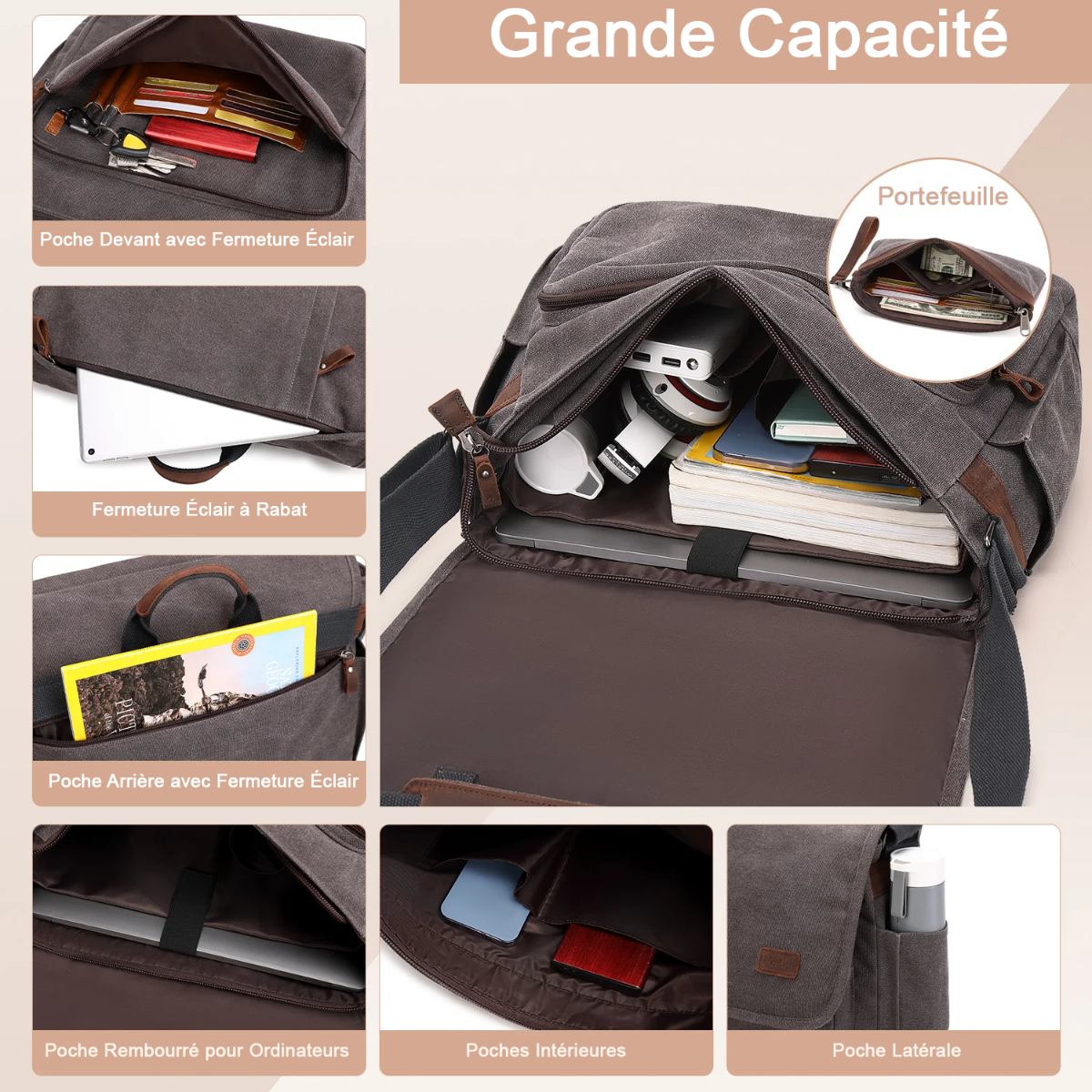démonstration des poches du sac messager Wanderer