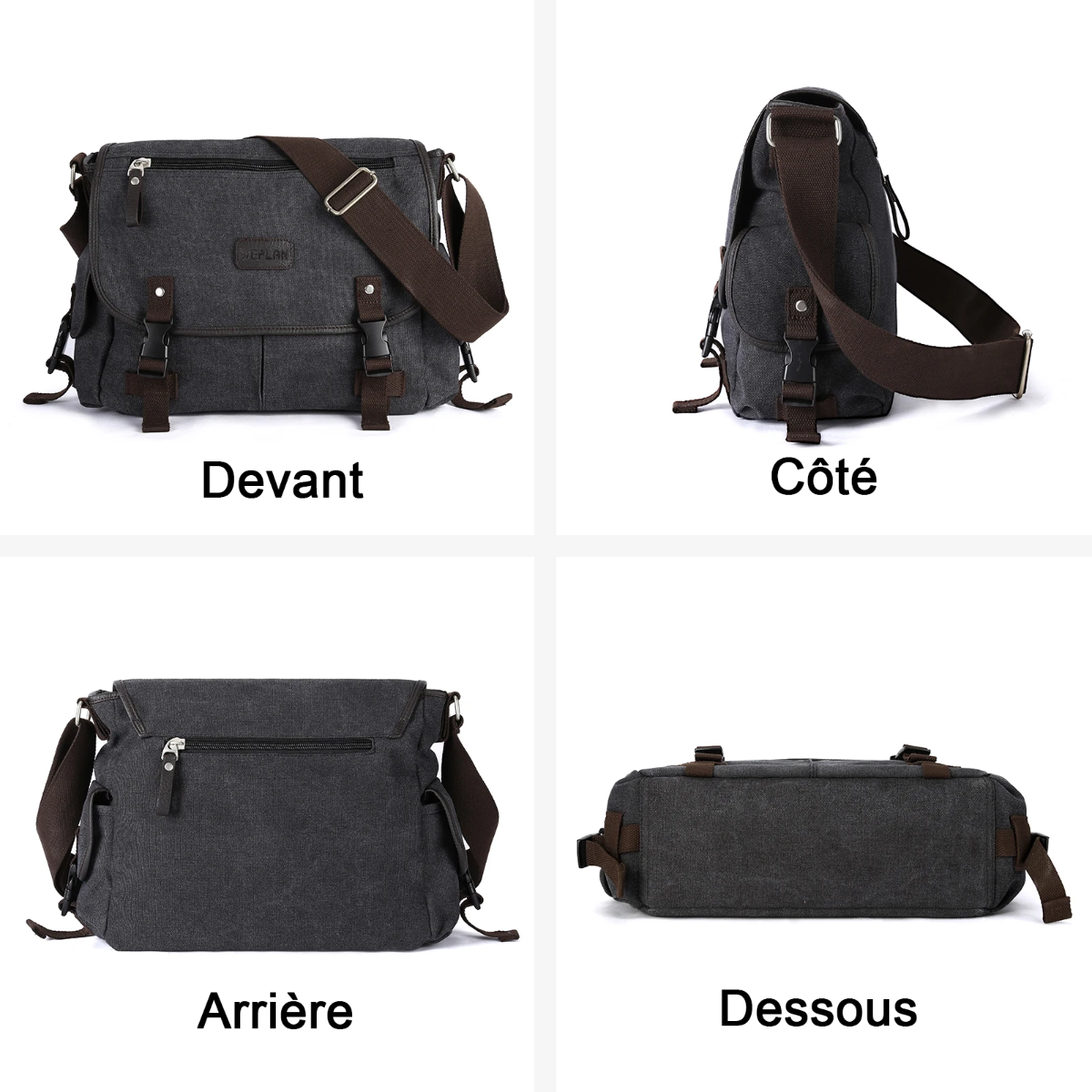 le devant, l'arrière, les côtés et le dessous du sac messenger grande capacité Wanderer sont montré