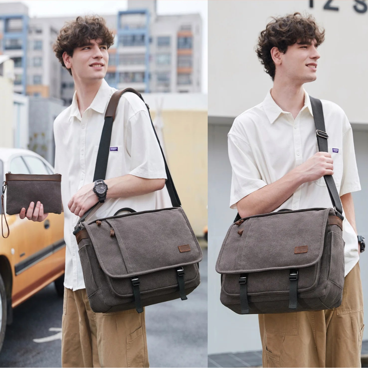 Un mannequin porte le sac messenger Wanderer sur son épaule et prèsente le portefeuille inclus