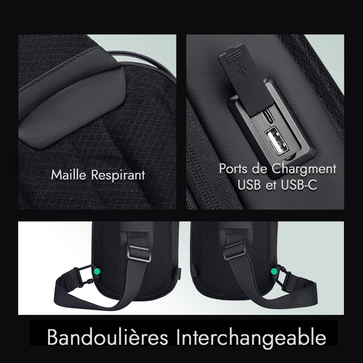 Les caractéristiques d'Arc-Mini de MarkRyden, y compris : ports de chargement USB et USB-C, des bandoulières interchangeables, et du maille respirant.