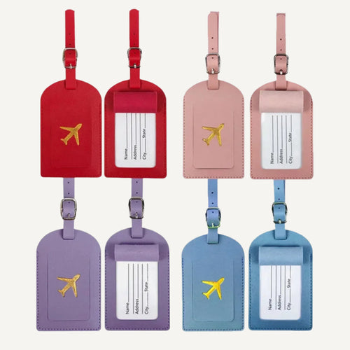 les étiquettes de baggages avion Wanderer sont montré en 4 couleurs, rouge, rose, violet, et bleu clair