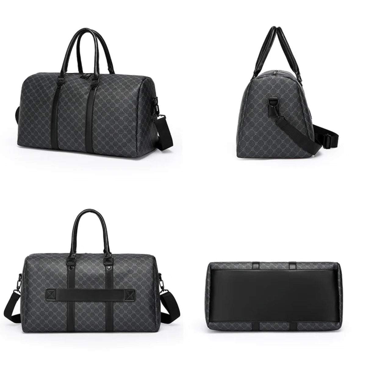 le grand sac de voyage Wanderer est montré sous tous les angles: le sac est montré sous tous les angles : l'avant, l'arrière, les côtés et le dessous