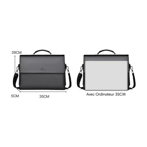 La mallette noire Wanderer est montré avec un ordinateur 35 cm, et les dimensions sont aussi montré: 35 cm de longueur, 5 cm de largeur, 26 cm de hauteur