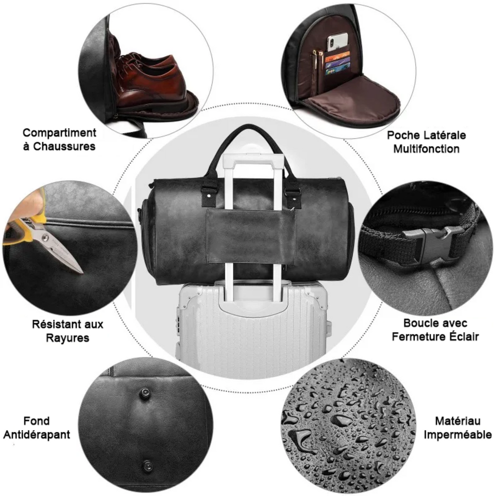 les caractéristiques du sac fourre-tout Wanderer, y compris : compartiment à chaussures, poche latérale multifonction, boucle avec fermeture éclair, matériau imperméable. fond antidérapant, et résistance aux rayures