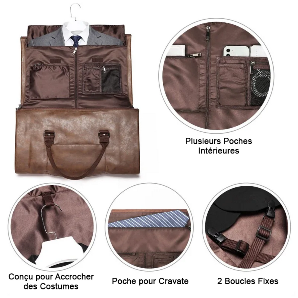 l'intérieur du sac fourre-tout Wanderer, qui comprend plusieurs poches, 2 boucles fixes. une poche pour cravate, et un accrochage pour costumes
