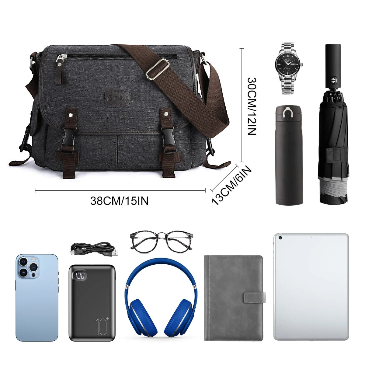 Divers articles et les dimensions du sac messenger grande capacité Wanderer sont montré : 38 cm de longueur, 13 cm de larguer, 30 cm de hauteur
