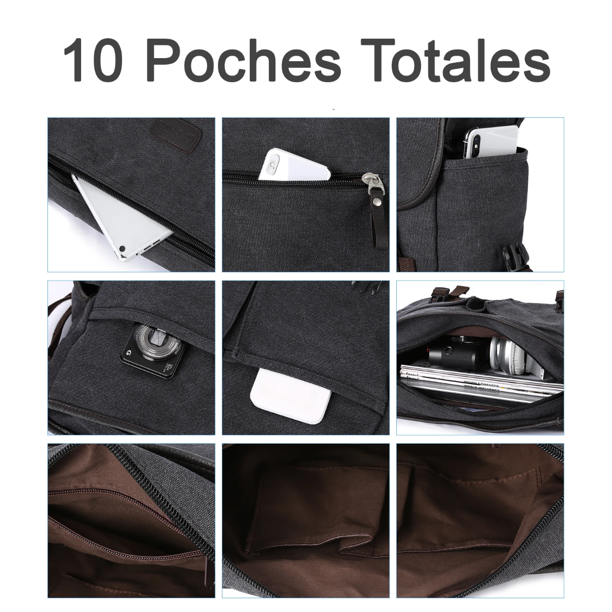 les 10 poches totales du sac messenger grande capacité Wanderer sont montré